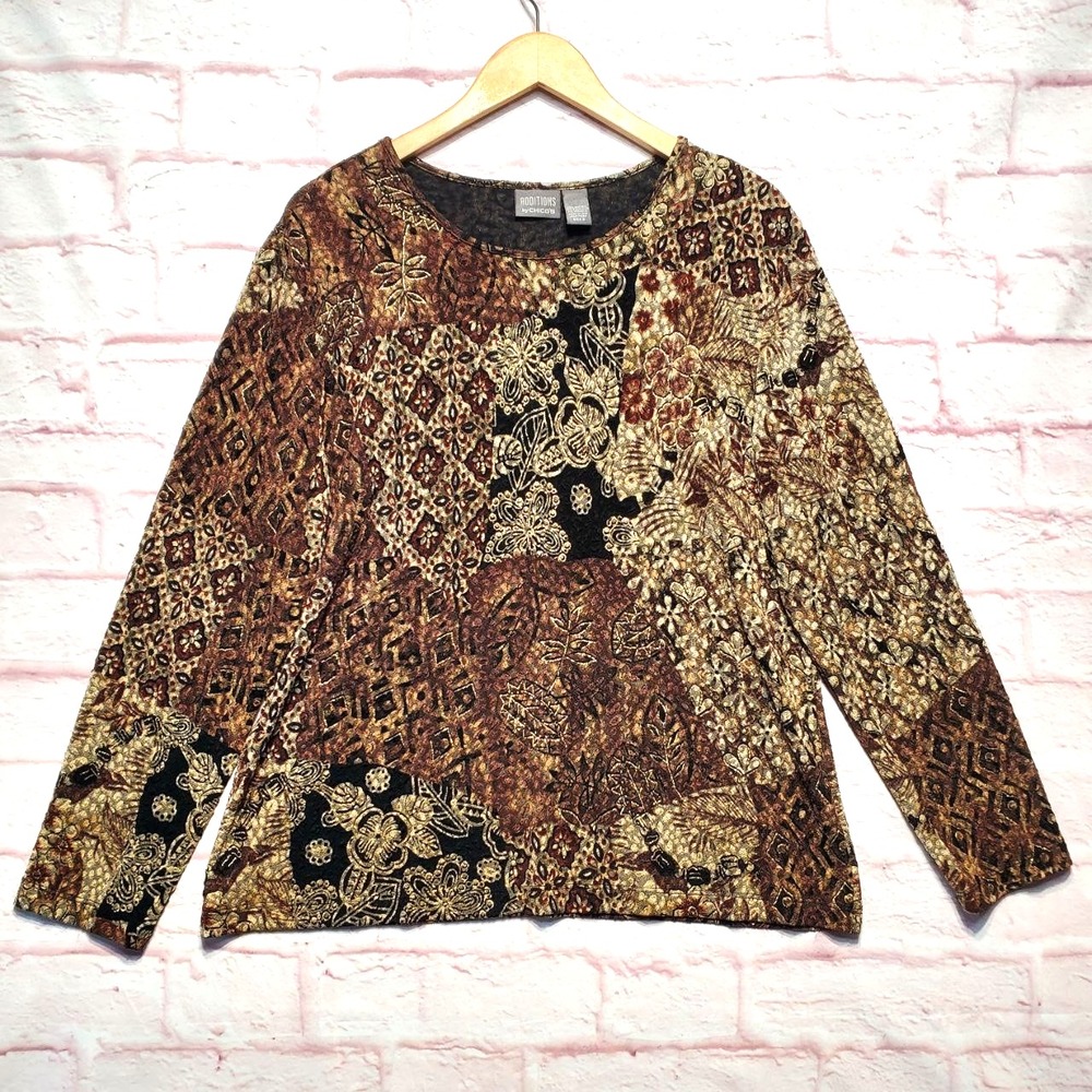 Additions by Chicos Top Womens XL Patchwork Gold Shine Floral Boho Pullover Top
